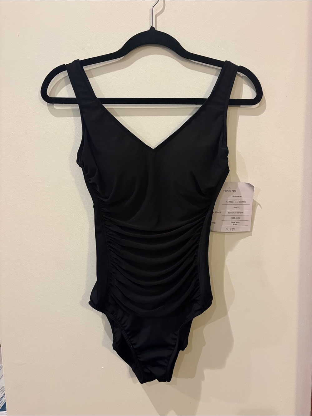 Trimshaper Black Ruched One-Piece Swimsuit,Size 8,NWT